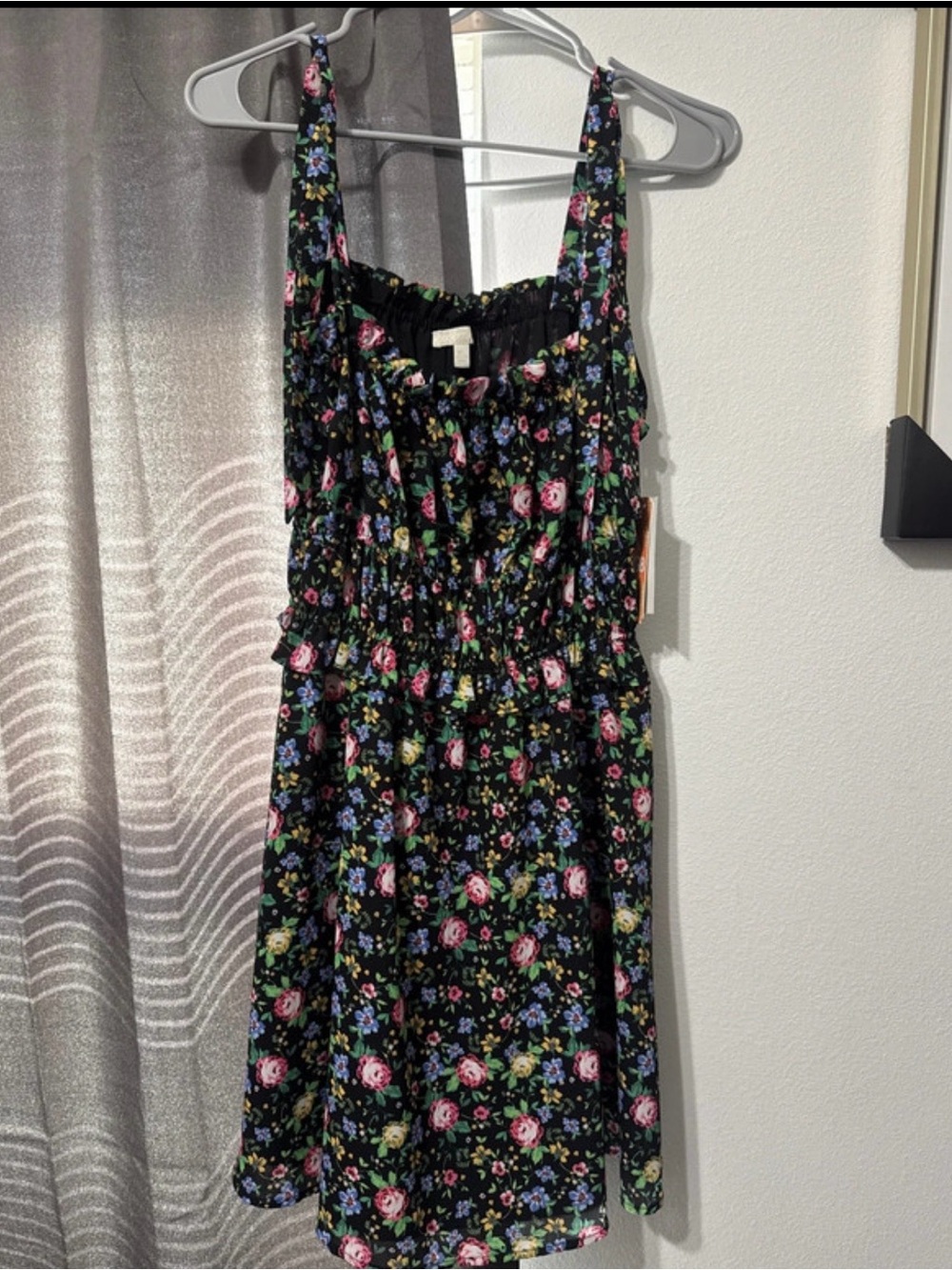 Gianni Bini Floral Smocked Black Sundress with Pink & Blue Blooms